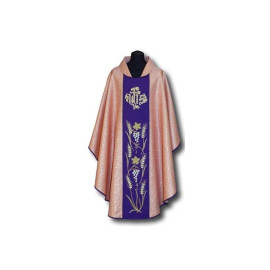 Chasuble brodée rose, ceinture violette (005)