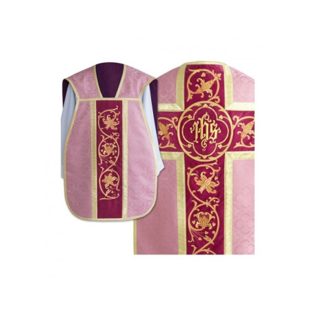 Chasuble romaine IHS - rose, jacquard (36)