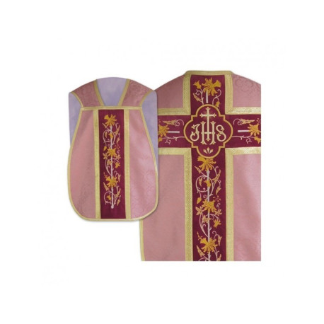 Chasuble romaine IHS - rose, jacquard (39)