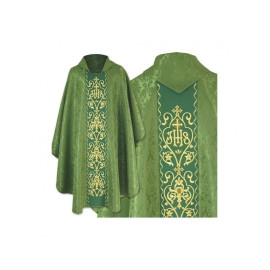 Chasuble gothique verte, brodée de violet - tissu jacquard (41)