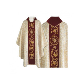 Chasuble gothique brodée écru/doré - tissu brocard (55)