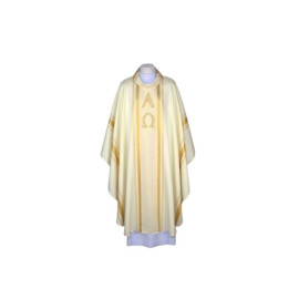 Chasuble écrue, bandes dorées Alpha et Omega (A3)
