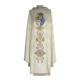 Chasuble brodée Notre-Dame de l'Église - tissu uni écru
