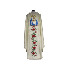 Chasuble brodée Cœur Immaculé de la Vierge Marie - tissu écru à rosettes