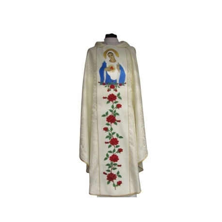 Chasuble brodée Cœur Immaculé de la Vierge Marie - tissu écru à rosettes