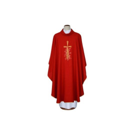Chasuble rouge brodée - croix, raisins (17)