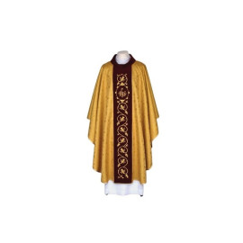Chasuble brodée en or, tissu damassé - IHS (21)