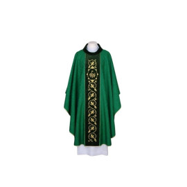 Chasuble verte brodée, tissu damassé - IHS (21)