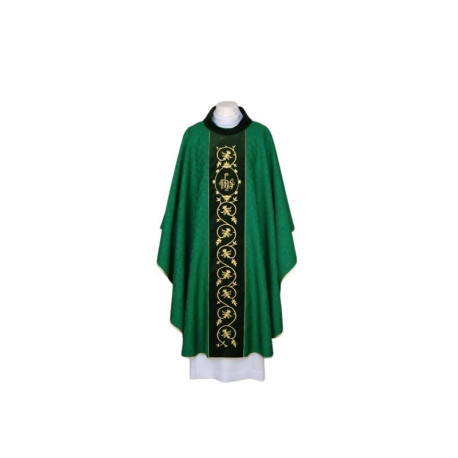 Chasuble verte brodée, tissu damassé - IHS (21)