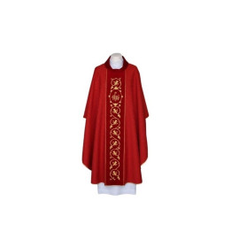 Chasuble rouge brodée, tissu damassé - IHS (21)