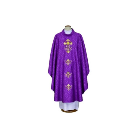 Chasuble violette brodée, tissu damassé - Croix (22)