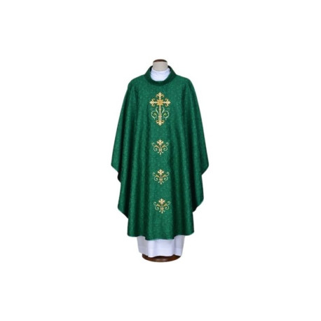 Chasuble verte brodée, tissu damassé - Croix (22)