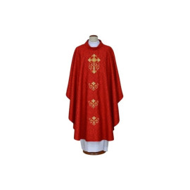 Chasuble rouge brodée, tissu damassé - Croix (22)