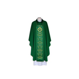 Chasuble verte brodée, ceinture en satin - IHS (23)