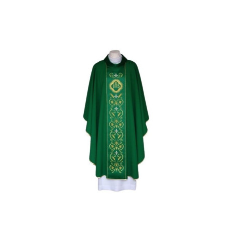 Chasuble verte brodée, ceinture en satin - IHS (23)