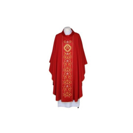 Chasuble rouge brodée, ceinture en satin - IHS (23)