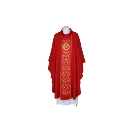 Chasuble rouge brodée, ceinture en satin - IHS (23)