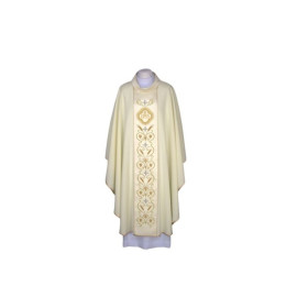 Chasuble écrue brodée, ceinture en satin - IHS (23)