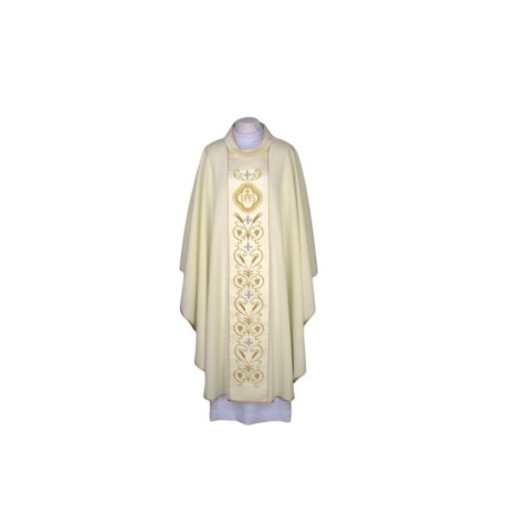 Chasuble écrue brodée, ceinture en satin - IHS (23)