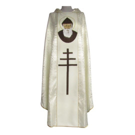Chasuble brodée de Saint Charbel - tissu écru à rosettes