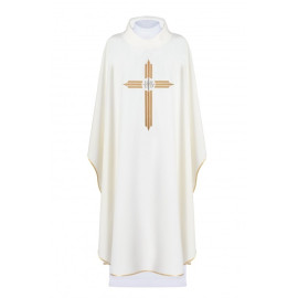 Chasuble brodée d'une croix avec le symbole IHS - écru (H7)