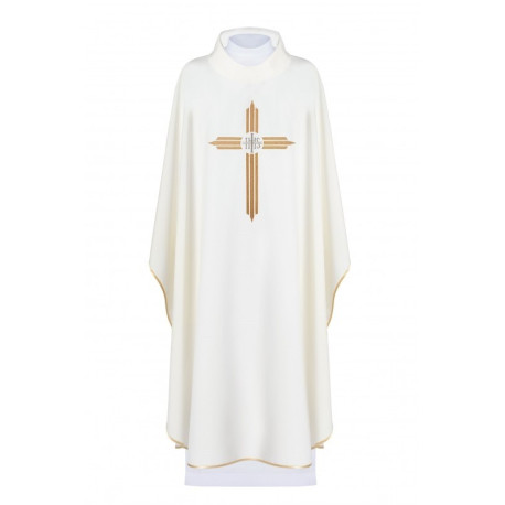 Chasuble brodée d'une croix avec le symbole IHS - écru (H7)