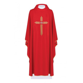 Chasuble brodée Croix avec symbole IHS - rouge (H7)