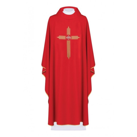 Chasuble brodée Croix avec symbole IHS - rouge (H7)