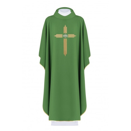Chasuble brodée Croix avec symbole IHS - vert (H7)