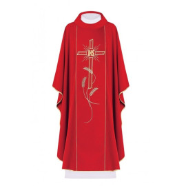 Chasuble brodée Croix avec symbole IHS - rouge (H14)