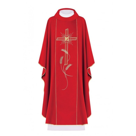 Chasuble brodée Croix avec symbole IHS - rouge (H14)