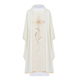 Chasuble brodée d'une croix avec le symbole IHS - écru (H14)