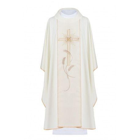 Chasuble brodée d'une croix avec le symbole IHS - écru (H14)