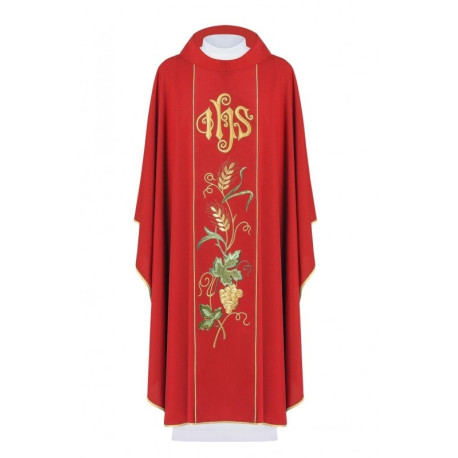 Chasuble brodée d'IHS, d'épis, de raisins - rouge (H22)