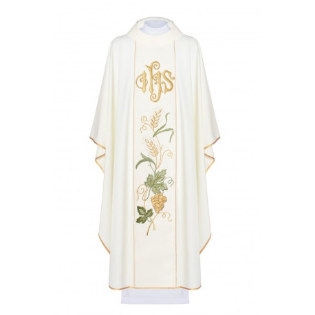 Chasuble brodée IHS, oreilles, raisins - écru (H24)