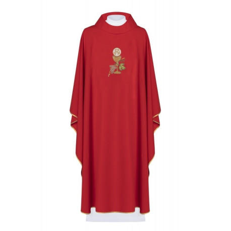 Chasuble brodée avec calice, IHS et raisins - rouge (H47)