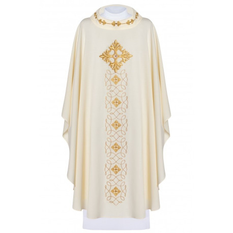 Chasuble richement brodée, pierres décoratives - écru (H70)