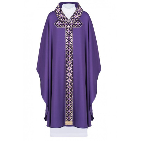 Chasuble avec ceinture et col brodés, motif de croix - violet (H88)
