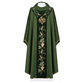 Chasuble richement brodée d'IHS et de raisins - vert (H102)