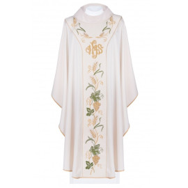 Chasuble richement brodée d'IHS et de raisins - écru (H103)