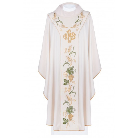 Chasuble richement brodée d'IHS et de raisins - écru (H103)
