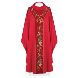 Chasuble richement brodée d'IHS et de raisins - rouge (H104)