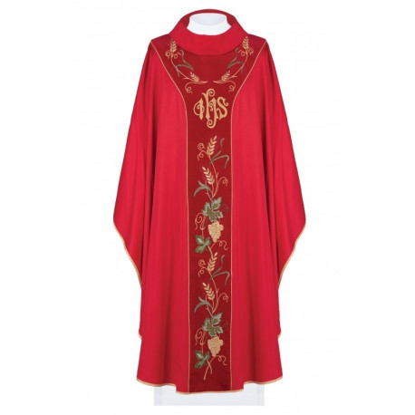 Chasuble richement brodée d'IHS et de raisins - rouge (H104)