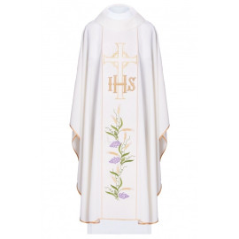 Chasuble brodée avec le symbole de l'IHS, la croix et les raisins - écru (H107)