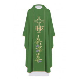 Chasuble brodée avec le symbole de l'IHS, la croix et les raisins - vert (H108)