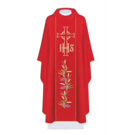 Chasuble brodée avec le symbole de l'IHS, la croix et les raisins - rouge (H109)