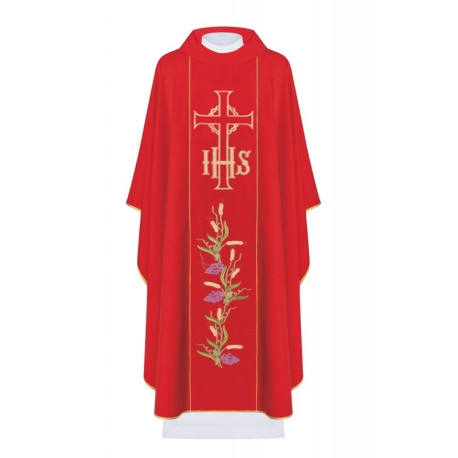 Chasuble brodée avec le symbole de l'IHS, la croix et les raisins - rouge (H109)