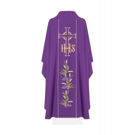 Chasuble brodée du symbole de l'IHS, de la croix et des raisins - violet (H110)