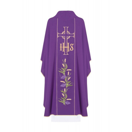 Chasuble brodée du symbole de l'IHS, de la croix et des raisins - violet (H110)
