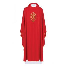 Chasuble brodée avec le symbole Alpha, Omega et PAX - rouge (H137)